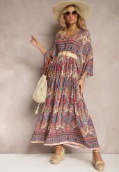 Jasnobeżowa Rozkloszowana Sukienka we Wzór Paisley z Rękawem 3/4 Briarwa. Brązowe sukienki Renee, l, bez wzorów, eleganckie, bez kołnierzyka, bez ramiączek, maxi, rozkloszowane. W wyprzedaży za 75.99 zł.