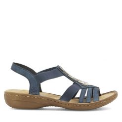 Sandały Rieker. Niebieskie sandały Rieker, bez wzorów, bez obcasa, na płaskiej podeszwie, bez zapięcia. Za 289.99 zł.