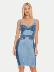 Guess Sukienka jeansowa W4YK02 D5DX2 Niebieski Slim Fit. Niebieskie sukienki Guess, xs, z aplikacjami, z bawełny, bez kołnierzyka, bez ramiączek. Za 799.99 zł.