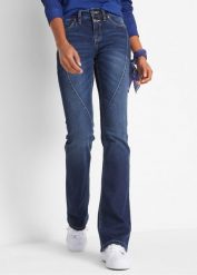 Dżinsy ze stretchem o kroju bootcut, mid waist. Niebieskie jeansy bonprix, bez wzorów, z jeansu. Za 139.99 zł.