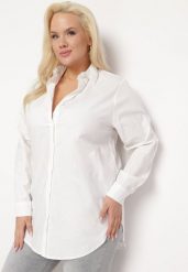 Biała Długa Koszula z Podwijanymi Rękawami i Kołnierzykiem Saturea. Białe koszule Born2be, xl, bez wzorów, casualowe, bez kołnierzyka, bez ramiączek. Za 69.99 zł.