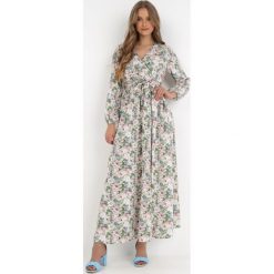 Jasnobeżowa Sukienka Partharpia. Brązowe sukienki Born2be, l, z aplikacjami, z materiału, bez kołnierzyka, bez ramiączek, maxi, kopertowe. Za 179.99 zł.