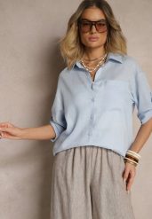 Jasnoniebieska Koszula Oversize Wiskozowo-Lniana z Kieszonką Lialenea. Niebieskie koszule Renee, m, bez wzorów, z jeansu, biznesowe, bez kołnierzyka, bez ramiączek. W wyprzedaży za 55.99 zł.