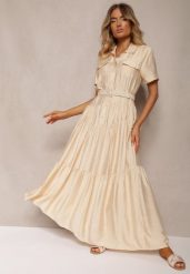 Beżowa Rozkloszowana Sukienka z Paskiem w Talii Vimalise. Brązowe sukienki Renee, na imprezę, l, bez wzorów, eleganckie, bez kołnierzyka, bez ramiączek, maxi, rozkloszowane. W wyprzedaży za 135.99 zł.