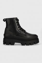 Buffalo workery Raven Laceup Hi damskie kolor czarny na platformie. Czarne botki Buffalo, bez wzorów, z gumy, z okrągłym noskiem, bez obcasa, na platformie, bez zapięcia. W wyprzedaży za 419.99 zł.