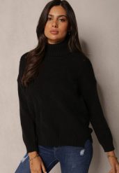 Czarny Casualowy Golf ze Ściągaczami przy Rękawach Yasmeella. Czarne swetry Renee, bez wzorów, bez ramiączek. W wyprzedaży za 63.99 zł.