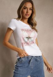 Biały T-shirt z Bawełny Ozdobiony Cyrkoniami i Motylem Uliadwena. Białe t-shirty Renee, l, bez wzorów, z bawełny, klasyczne, bez kołnierzyka, bez ramiączek. W wyprzedaży za 35.99 zł.