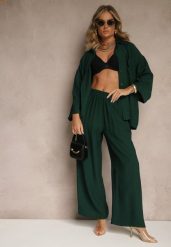 Ciemnozielony Wiskozowy Komplet Oversize Koszula i Spodnie Wide Leg Zierana. Zielone koszule Renee, bez wzorów, z materiału, bez kołnierzyka, bez ramiączek. W wyprzedaży za 111.99 zł.