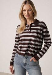 Brązowy Sweter w Paski z Kołnierzykiem z Wiskozą Minkalia. Brązowe swetry Born2be, m, bez wzorów, z jeansu, klasyczne, bez ramiączek. Za 119.99 zł.