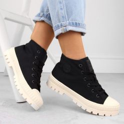 Trampki za kostkę sznurowane czarne Big Star OO274008. Czarne buty sportowe lifestyle BIG STAR, bez wzorów, z materiału, retro, za kostkę, bez zapięcia. Za 76.00 zł.