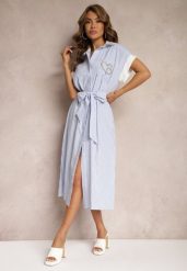 Niebieska Koszulowa Sukienka z Materiałowym Paskiem w Talii z Rozcięciami i Aplikacjami Krissiana. Niebieskie sukienki Renee, na co dzień, l, z aplikacjami, z materiału, eleganckie, bez kołnierzyka, bez ramiączek, midi, koszulowe. W wyprzedaży za 127.99 zł.