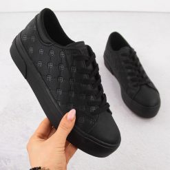 Trampki damskie eko skóra logowane czarne Big Star RR274335. Czarne trampki BIG STAR, bez wzorów, ze skóry ekologicznej, retro, bez zapięcia. Za 94.50 zł.