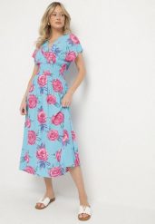 Niebieska Kopertowa Sukienka z Bawełną w Kwiaty Tdivana. Niebieskie sukienki Born2be, na imprezę, l, bez wzorów, z bawełny, eleganckie, bez kołnierzyka, bez ramiączek, midi, kopertowe. Za 89.99 zł.
