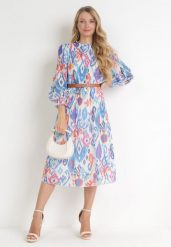 Niebieska Plisowana Sukienka Midi z Paskiem Hyacida. Niebieskie sukienki Born2be, na imprezę, l, bez wzorów, eleganckie, bez kołnierzyka, bez ramiączek, midi. W wyprzedaży za 127.49 zł.