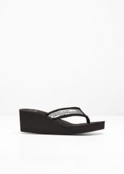 Klapki na koturnie z cekinami. Czarne klapki bonprix, bez wzorów, eleganckie, bez obcasa, na koturnie, bez zapięcia. Za 74.99 zł.