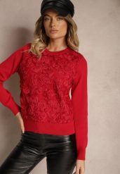 Czerwony Sweter z Wiskozą Ozdobiony Aplikacjami z Siateczki Harilia. Czerwone swetry Renee, z aplikacjami, z jeansu, casualowe, bez ramiączek. W wyprzedaży za 119.99 zł.