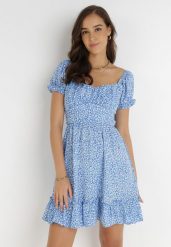 Niebieska Sukienka Emas. Niebieskie sukienki Born2be, m, bez wzorów, z tkaniny, bez kołnierzyka, bez ramiączek, mini. W wyprzedaży za 118.99 zł.