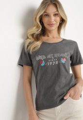 Ciemnoszary Bawełniany T-shirt z Metalicznym Nadrukiem Savariae. Szare t-shirty Born2be, l, z aplikacjami, z bawełny, eleganckie, bez kołnierzyka, bez ramiączek. W wyprzedaży za 38.24 zł.