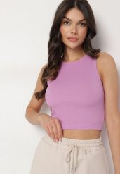 Jasnofioletowy Krótki Tank Top z Prążkowanej Tkaniny Nevallia. Fioletowe topy Born2be, xl, bez wzorów, z jeansu, eleganckie, bez kołnierzyka, bez ramiączek. Za 14.99 zł.