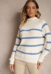 Beżowo-Niebieski Sweter w Poziome Pasy z Domieszką Wiskozy Tintarina. Niebieskie swetry Renee, uniwersalny, bez wzorów, z jeansu, casualowe, bez ramiączek. W wyprzedaży za 55.99 zł.