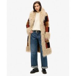 Damski długi płaszcz Superdry Afghan Patchwork. Brązowe płaszcze Superdry, bez wzorów, boho, bez kaptura. W wyprzedaży za 1,017.20 zł.