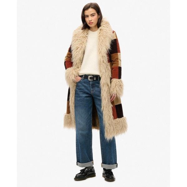 Damski długi płaszcz Superdry Afghan Patchwork. Brązowe płaszcze Superdry, bez wzorów, boho, bez kaptura. W wyprzedaży za 1,029.20 zł.