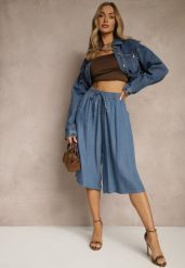 Niebieskie Szerokie Szorty Bermudy z Ozdobnym Wiązaniem Terpio. Niebieskie szorty Renee, z aplikacjami, eleganckie. W wyprzedaży za 39.99 zł.