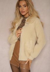Beżowy Zasuwany Kardigan z Wełną Ozdobiony Kołnierzem z Futerka Dailore. Brązowe swetry Renee, bez wzorów, z wełny, eleganckie, bez ramiączek. W wyprzedaży za 135.99 zł.
