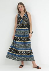 Czarno-Granatowa Sukienka Maxi z Wiskozy w Fantazyjny Wzór Wellilne. Czarne sukienki Born2be, l, bez wzorów, z wiskozy, bez kołnierzyka, bez ramiączek, maxi. Za 99.99 zł.