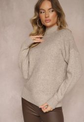 Ciemnobeżowy Golf Sweter z Tłoczeniem i Ściągaczami Melovira. Brązowe swetry Renee, z aplikacjami, z jeansu, eleganckie, bez ramiączek. Za 99.99 zł.