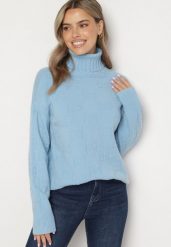 Niebieski Klasyczny Golf Savera. Niebieskie swetry Born2be, s, bez wzorów, z jeansu, eleganckie, bez ramiączek. W wyprzedaży za 93.49 zł.