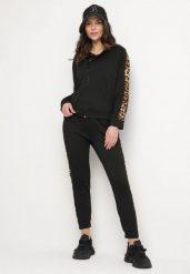 Czarny Komplet Dresowy Bluza i Spodnie ze Zdobieniami w Panterkę Solhiris. Czarne bluzy Born2be, m, z aplikacjami, z bawełny, z kapturem. W wyprzedaży za 76.49 zł.