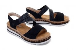 Rieker V7974-14 blau, sandały damskie. Niebieskie sandały Rieker, bez wzorów, bez obcasa, na koturnie, bez zapięcia. Za 329.90 zł.