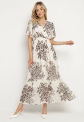Szara Sukienka w Kwiaty o Rozkloszowanym Kroju z Wiązaniem Raloiti. Szare sukienki Born2be, na co dzień, l, bez wzorów, eleganckie, bez kołnierzyka, bez ramiączek, maxi, rozkloszowane. W wyprzedaży za 67.99 zł.