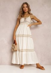Jasnobeżowa Sukienka Ianina. Brązowe sukienki Renee, m, bez wzorów, z bawełny, eleganckie, bez kołnierzyka, bez ramiączek, maxi, rozkloszowane. W wyprzedaży za 175.99 zł.