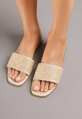 Beżowe Klapki z Geometrycznym Wzorem w Stylu Boho Zeroma. Brązowe klapki Born2be, bez wzorów, boho, bez obcasa, na płaskiej podeszwie, bez zapięcia. Za 49.99 zł.