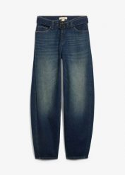 Jeansy barrel ze średnim stanem z paskiem. Niebieskie jeansy bonprix, bez wzorów, z bawełny, długie. Za 169.99 zł.