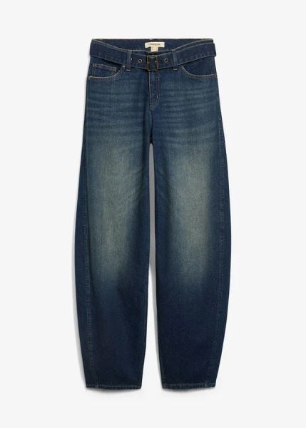 Jeansy barrel ze średnim stanem z paskiem. Niebieskie jeansy bonprix, bez wzorów, z bawełny, długie. Za 179.99 zł.