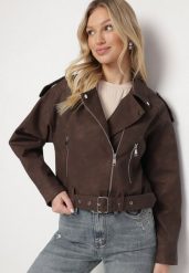 Brązowa Kurtka Ramoneska z Ozdobnym Paskiem Sesanoria. Brązowe kurtki Born2be, xl, bez wzorów, z jeansu, eleganckie, bez kaptura. Za 219.99 zł.