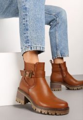 Brązowe Botki Sztyblety na Słupkowym Obcasie z Paskiem z Klamerką przy Cholewce Reanirael. Brązowe botki Renee, bez wzorów, eleganckie, z okrągłym noskiem, bez obcasa, na obcasie, bez zapięcia. W wyprzedaży za 87.49 zł.