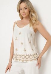 Beżowy Top z Lnem i Wiskozą z Haftem w Stylu Boho Ronira. Brązowe topy Born2be, l, bez wzorów, z jeansu, boho, bez kołnierzyka, bez ramiączek. W wyprzedaży za 87.99 zł.