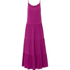 Sukienka z dżerseju z wolantami. Czarne sukienki bonprix, bez wzorów, z dżerseju, eleganckie, bez kołnierzyka, bez ramiączek. Za 139.99 zł.