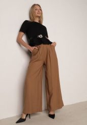 Brązowe Szerokie Spodnie Wiskozowe w Garniturowym Stylu z Paskiem Qera. Brązowe jeansy Born2be, bez wzorów, z jeansu, eleganckie. Za 129.99 zł.