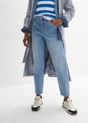 Jeansy barrel, wysoki stan, krótsza długość. Niebieskie jeansy bonprix, bez wzorów, z jeansu, z podwyższonym stanem, krótkie. Za 134.99 zł.