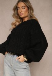 Czarny Sweter z Wełną o Eleganckim Warkoczowym Splotem Makkaria. Czarne swetry Renee, na jesień, z aplikacjami, z jeansu, eleganckie, bez ramiączek. W wyprzedaży za 127.99 zł.