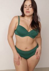 Ciemnozielone Bikini z Marszczonym Biustonoszem i Majtkami z Wysokim Stanem Aereida. Zielone bikini Born2be, bez wzorów. Za 89.99 zł.