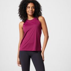 Koszulka fitness damska Domyos bez rękawów. Czarne t-shirty sportowe DOMYOS, l, bez wzorów, z elastanu, bez ramiączek, na fitness i siłownię. Za 39.99 zł.