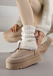 Ciemnobeżowe Śniegowce na Grubej Podeszwie z Ozdobnymi Przeszyciami i Futerkiem Lindera. Brązowe śniegowce Born2be, bez wzorów, z jeansu, bez zapięcia. Za 109.99 zł.