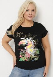 Czarny T-shirt z Bawełny z Nadrukiem i Metalicznym Napisem Norsemi. Czarne t-shirty Born2be, xl, bez wzorów, z bawełny, bez kołnierzyka, bez ramiączek. Za 59.99 zł.