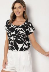 Czarna Wiskozowa Bluzka o Kroju Typu Nietoperz w Kwiatowy Wzór Flemira. Czarne bluzki Born2be, l, bez wzorów, z jeansu, eleganckie, bez kołnierzyka, bez ramiączek. W wyprzedaży za 46.74 zł.
